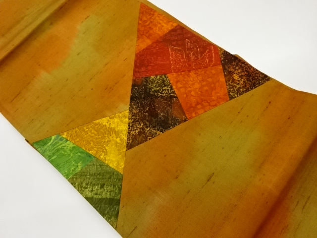 リサイクル　手織り紬切り嵌め抽象模様織出し名古屋帯